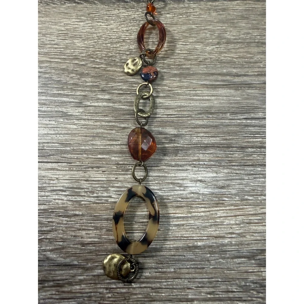 Long Beaded Station Necklace Amber Faux Tortoise Shell Brass Tone Boho 40